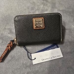 Dooney & Bourke Black Pebbled Leather Zip Wallet with Brown Tassel